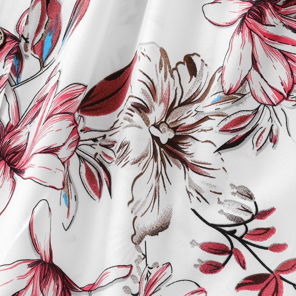 Family Matching Solid V Neck Button Up Spaghetti Strap Splicing Floral Print Dresses and Short-sleeve T-shirts Sets WineRed big image 7