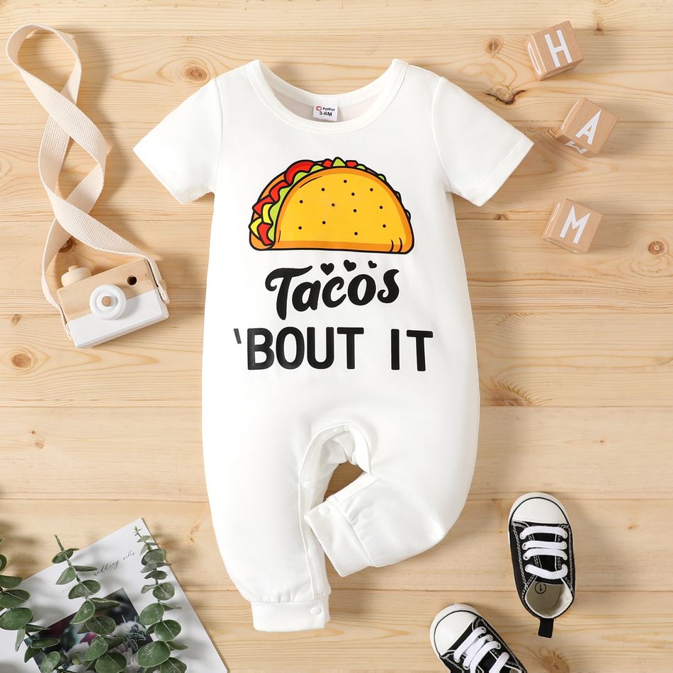 Baby Boy Hamburger and Letter Print Short-sleeve Jumpsuit White