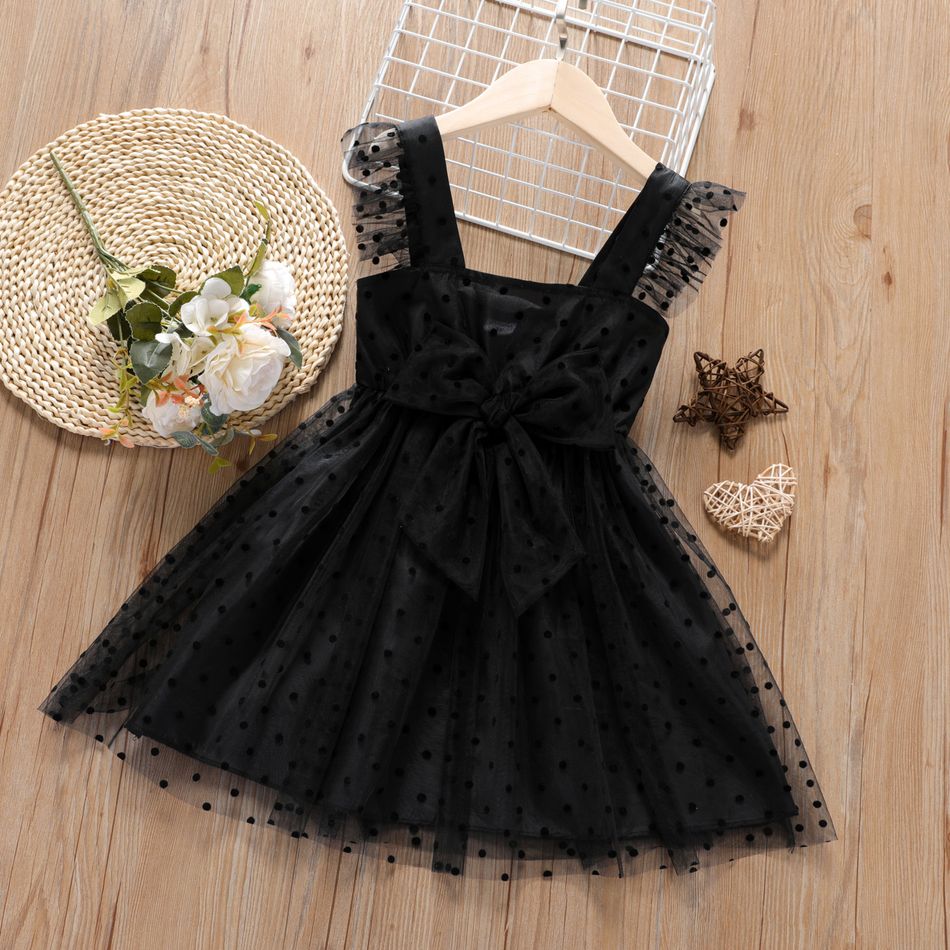 فستان بناتي صغير منقطة برقبة مربعة بفيونكة شبكية تصميم كامي أسود big image 1
