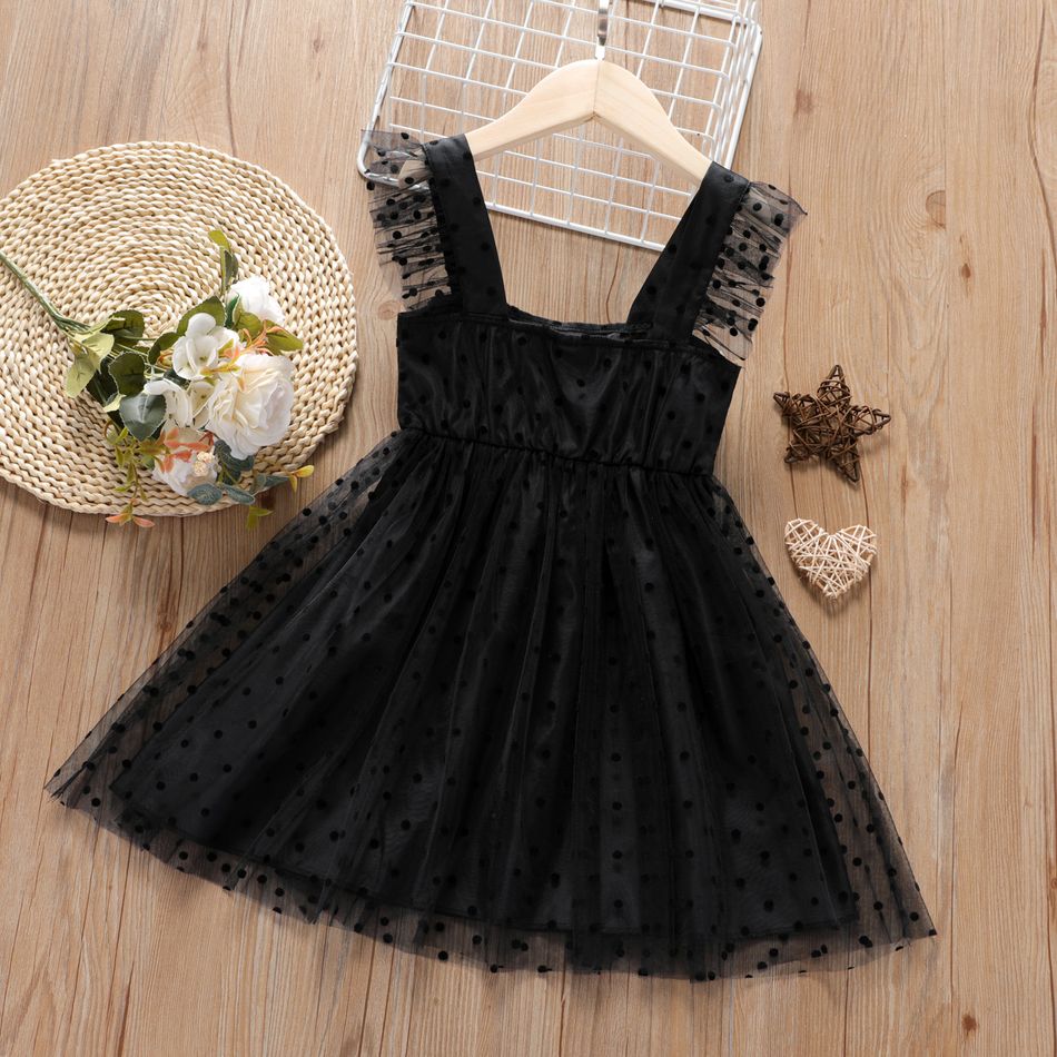 فستان بناتي صغير منقطة برقبة مربعة بفيونكة شبكية تصميم كامي أسود big image 2