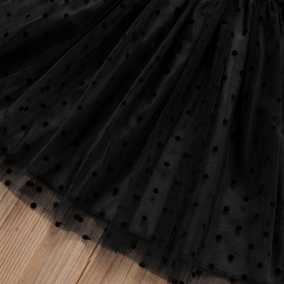 فستان بناتي صغير منقطة برقبة مربعة بفيونكة شبكية تصميم كامي أسود big image 4