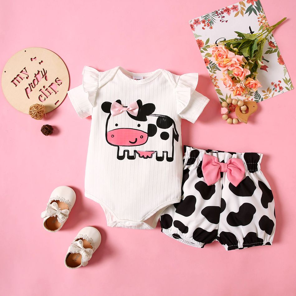 2pcs Baby Girl Cartoon Cow Print Ribbed Ruffle Short-sleeve Romper and Bowknot Shorts Set BlackandWhite