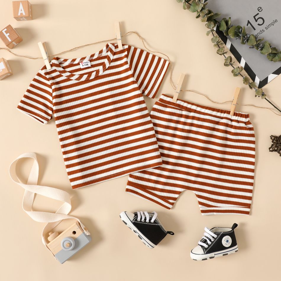 2pcs Baby Girl Striped Ribbed Short-sleeve Top and Shorts Set Brown