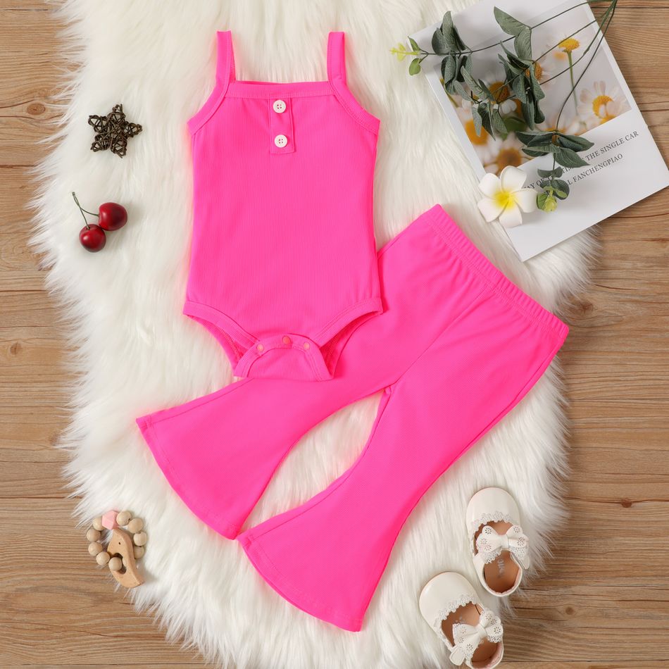 2pcs Baby Girl Fluorescent Color Spaghetti Strap Ribbed Romper and Flared Pants Set Peach big image 1