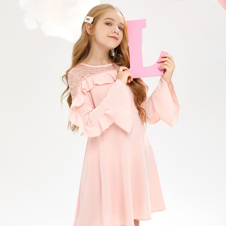 Kid Girl Lace Design Ruffled Long Bell sleeves Dress Pink