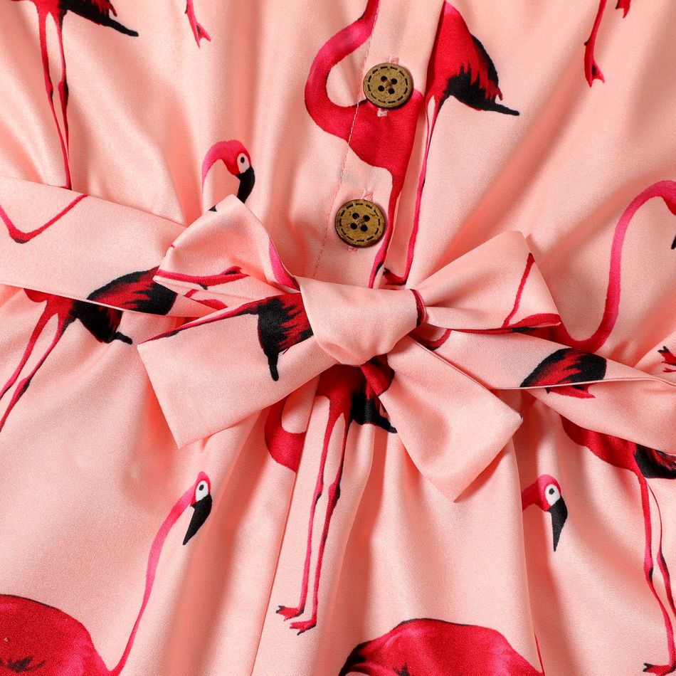 Toddler Girl Flamingo Print Button Design Belted Cami Romper Jumpsuit Shorts Pink big image 4