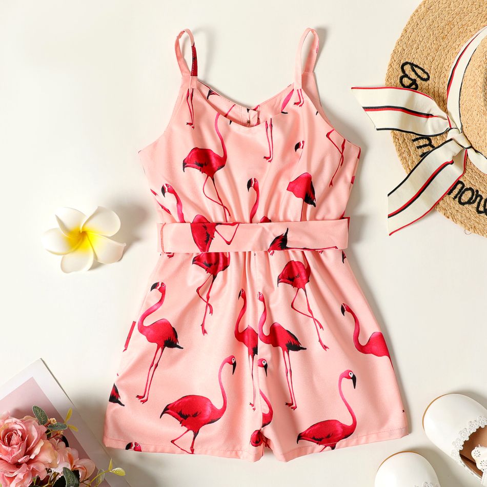 Toddler Girl Flamingo Print Button Design Belted Cami Romper Jumpsuit Shorts Pink big image 2