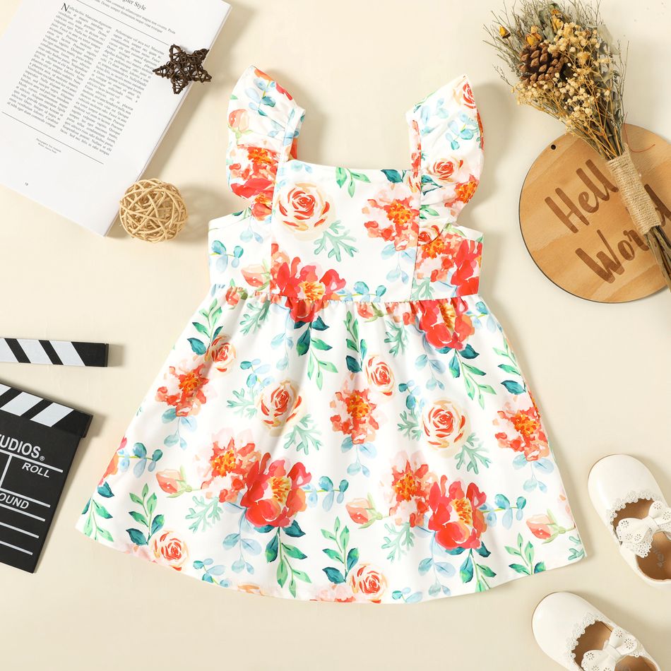 Toddler Girl Floral Print/Coral Red Square Neck Button Design Flutter-sleeve Dress White big image 2