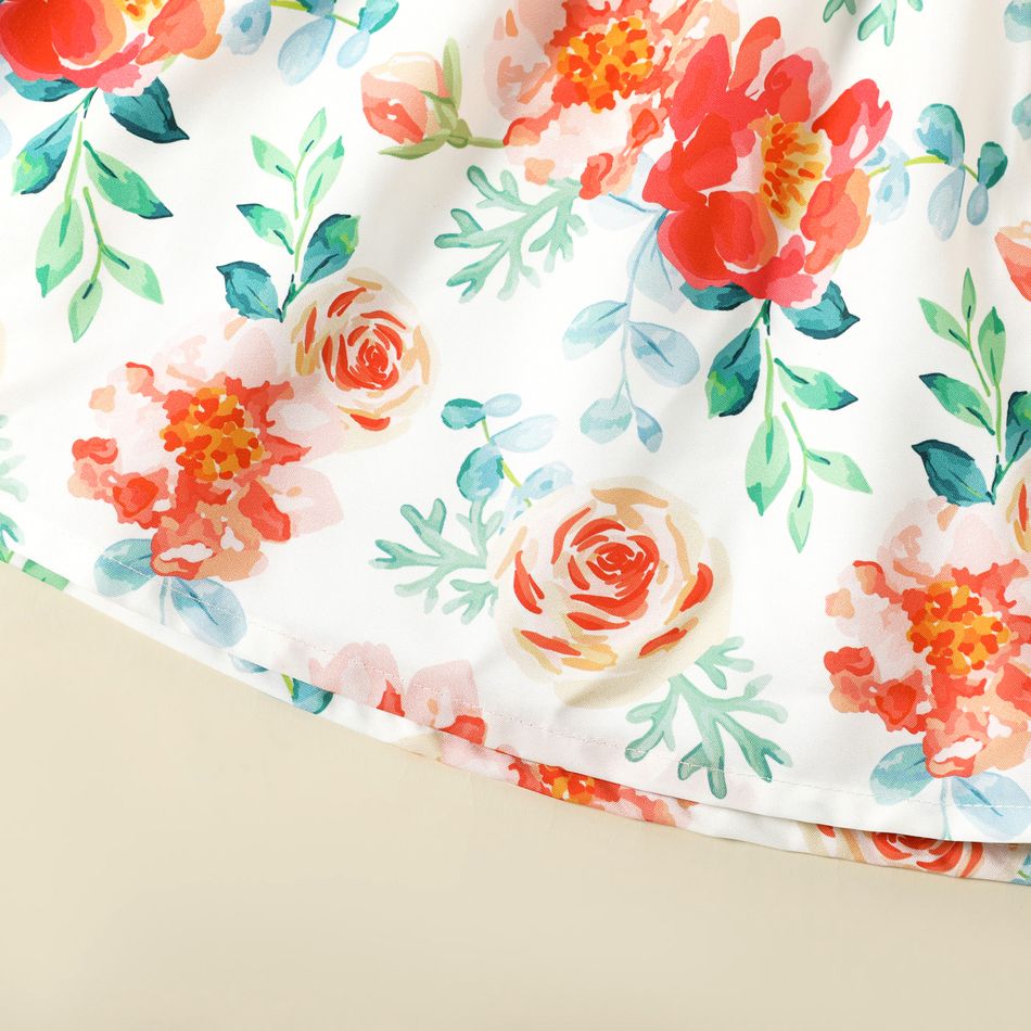 Toddler Girl Floral Print/Coral Red Square Neck Button Design Flutter-sleeve Dress White big image 5