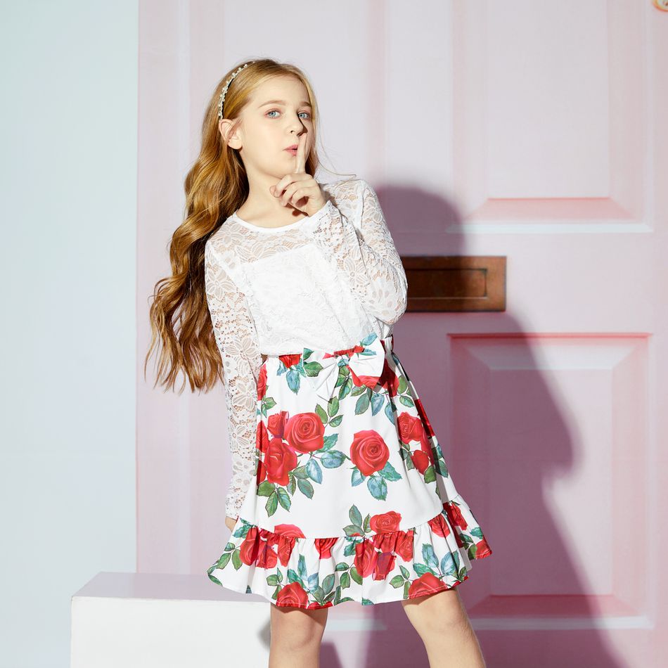 2-piece Kid Girl Lace Design Long-sleeve Tee and Bowknot Design Floral Print Skirt Set White big image 6