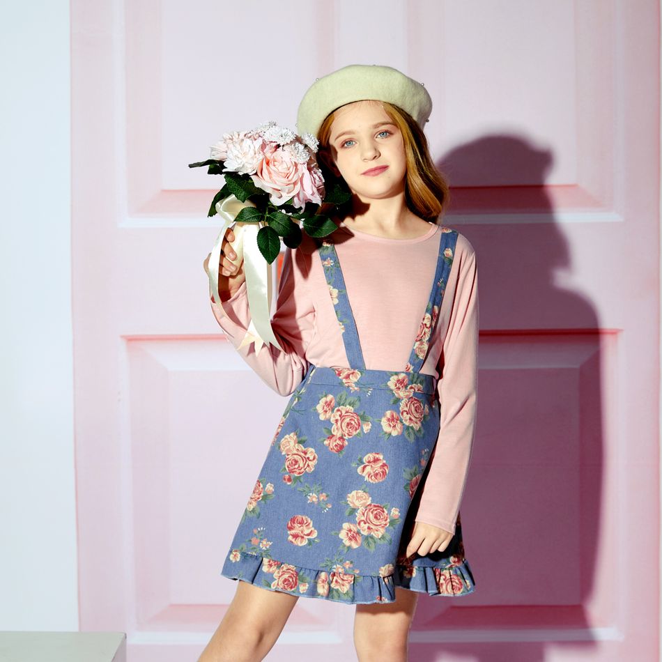 2-piece Kid Girl Long-sleeve Pink Tee and Floral Print Ruffle Hem Denim Suspender Skirt Set Pink