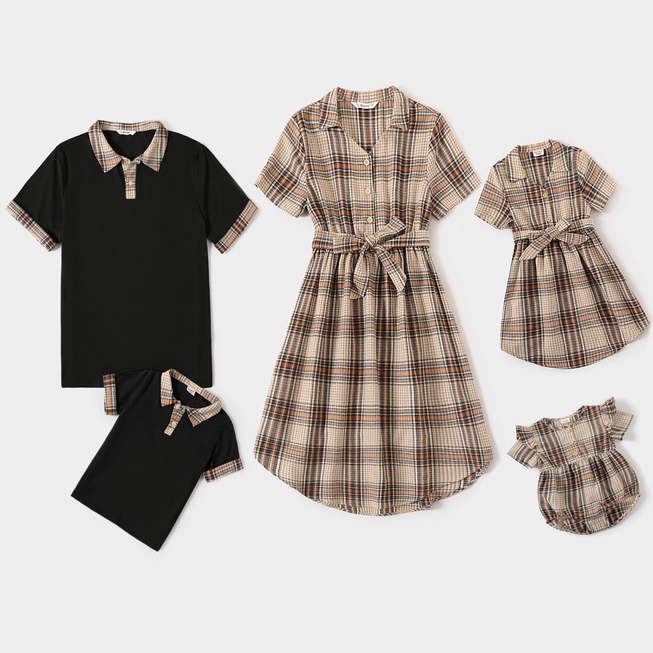Family Matching Plaid Lapel Short-sleeve Dresses and Splicing Polo Shirts Sets Color block