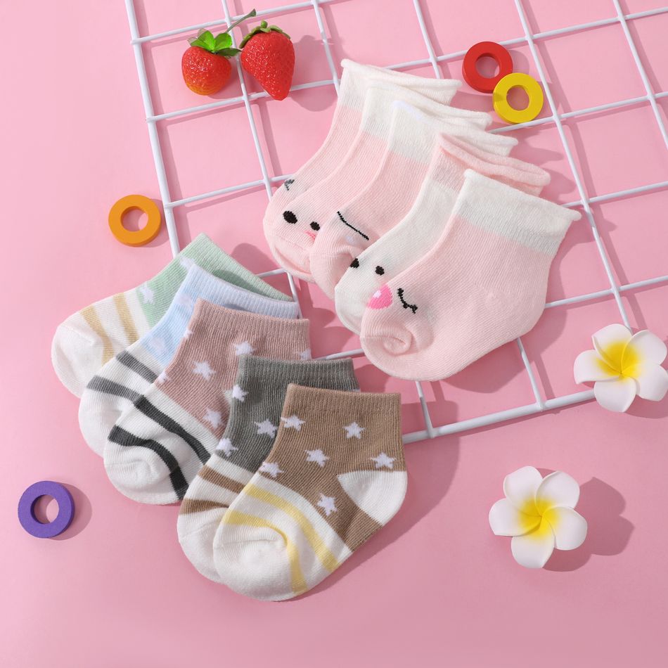 Pacote de 5 bebês / criança pequena listrada com padrão de desenho animado meias boca solta Rosa big image 5