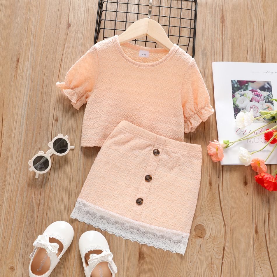 2-piece Toddler Girl Textured Ruffled Short-sleeve Pink Blouse and Lace Button Design Skirt Set Pink