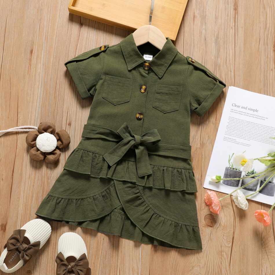 Toddler Girl 100% Cotton Faux-two Ruffled Button Design Short-sleeve Dress Dark Green