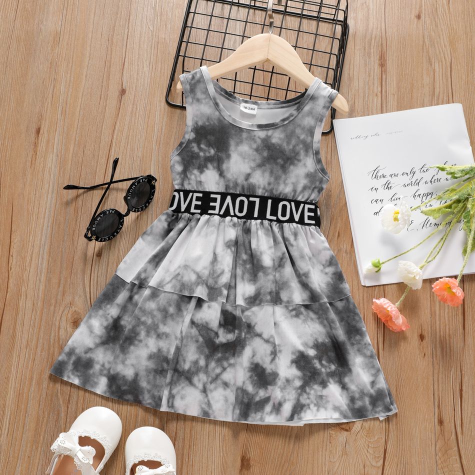 Toddler Girl Letter Print Tie Dyed Sleeveless Layered Dress Grey