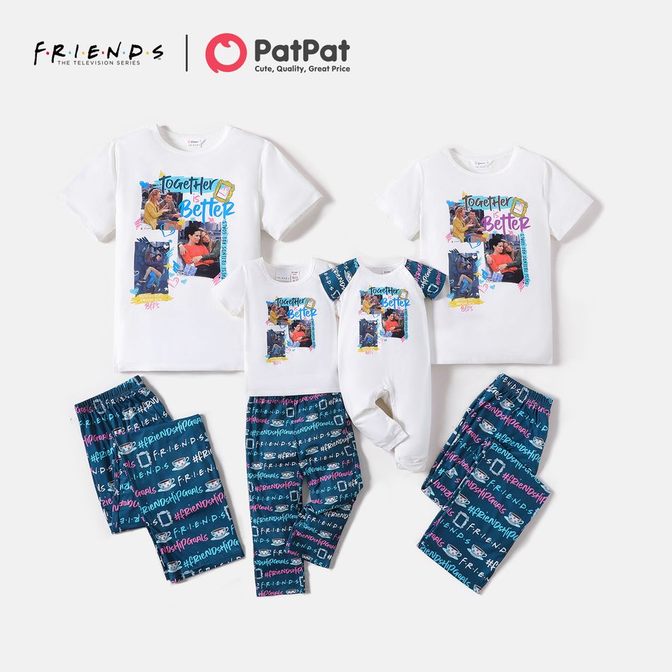 Friends Family Matching Friends Together Graphic Top and Allover Pants Pajamas Sets Dark Blue/white