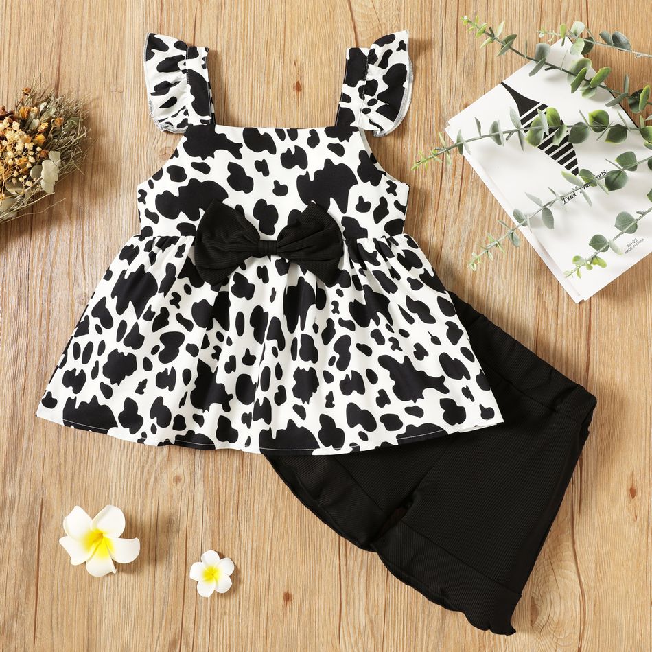 2-piece Toddler Girl Cow Print Bowknot Design Ruffled Camisole and Lettuce Trim Black Shorts Set Black/White