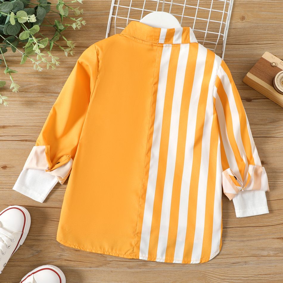 Kid Boy Stripe Splice Colorblock Lapel Collar Button Design Long-sleeve Shirt Yellow big image 2