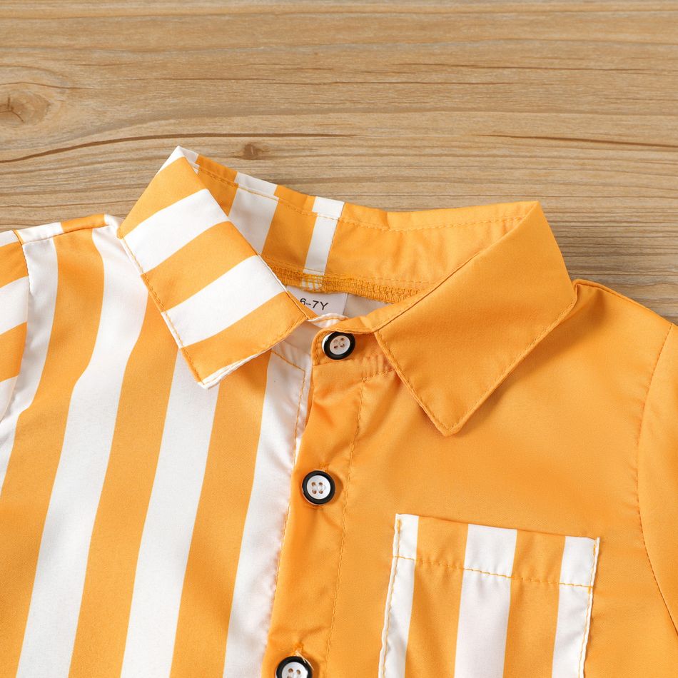 Kid Boy Stripe Splice Colorblock Lapel Collar Button Design Long-sleeve Shirt Yellow big image 3