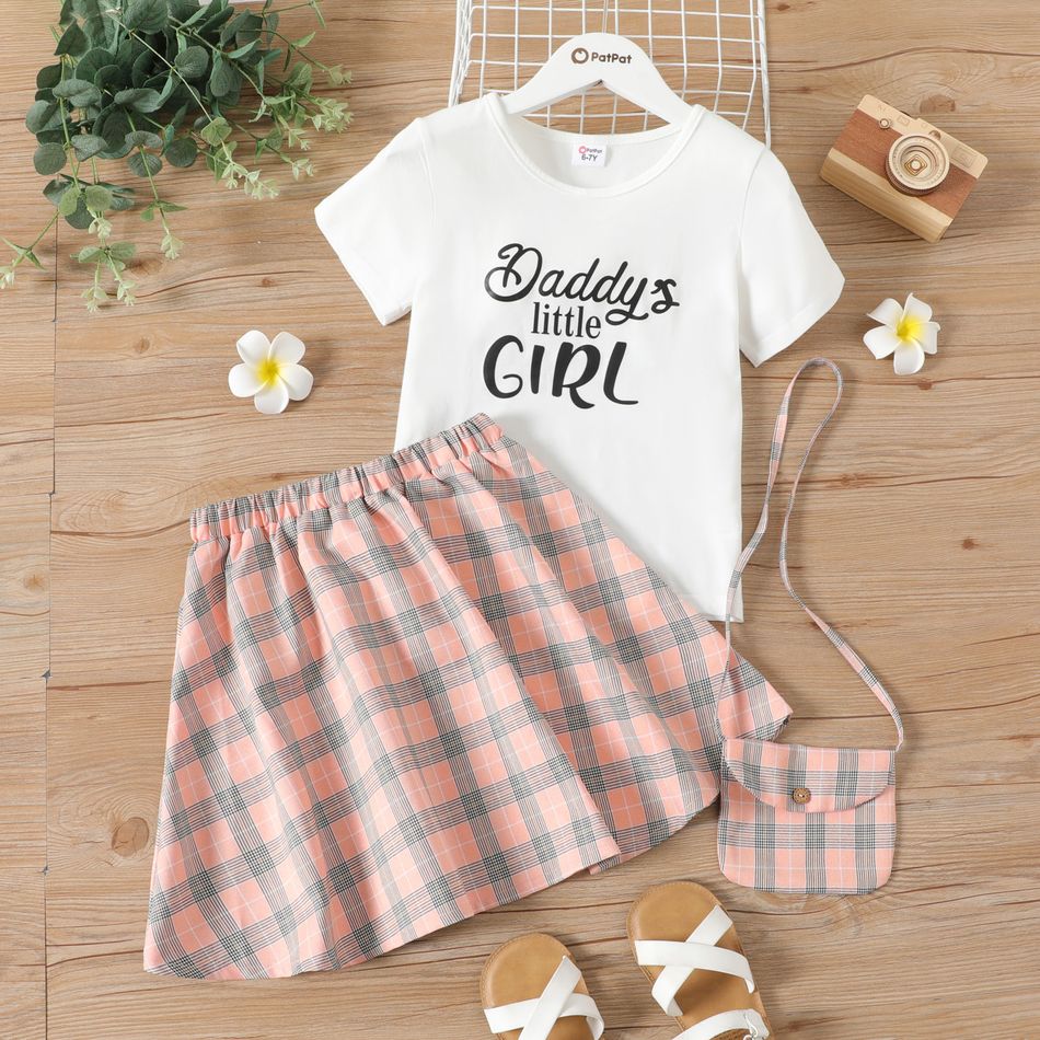 2-piece Kid Girl Sweet Letter Print Tee and Elasticized Plaid Skirt Set (Crossbody Bag is included) White