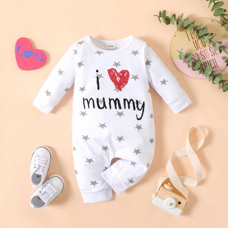 Mother's Day Baby Boy/Girl 95% Cotton Long-sleeve Love Heart Letter Print Stars/Striped Jumpsuit White