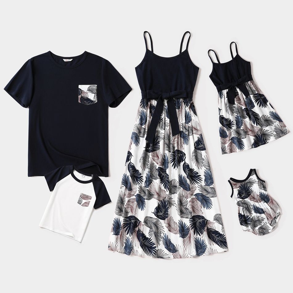 Family Matching Dark Blue Spaghetti Strap Splicing Plant Print Dresses and Short-sleeve T-shirts Sets DeepBlue