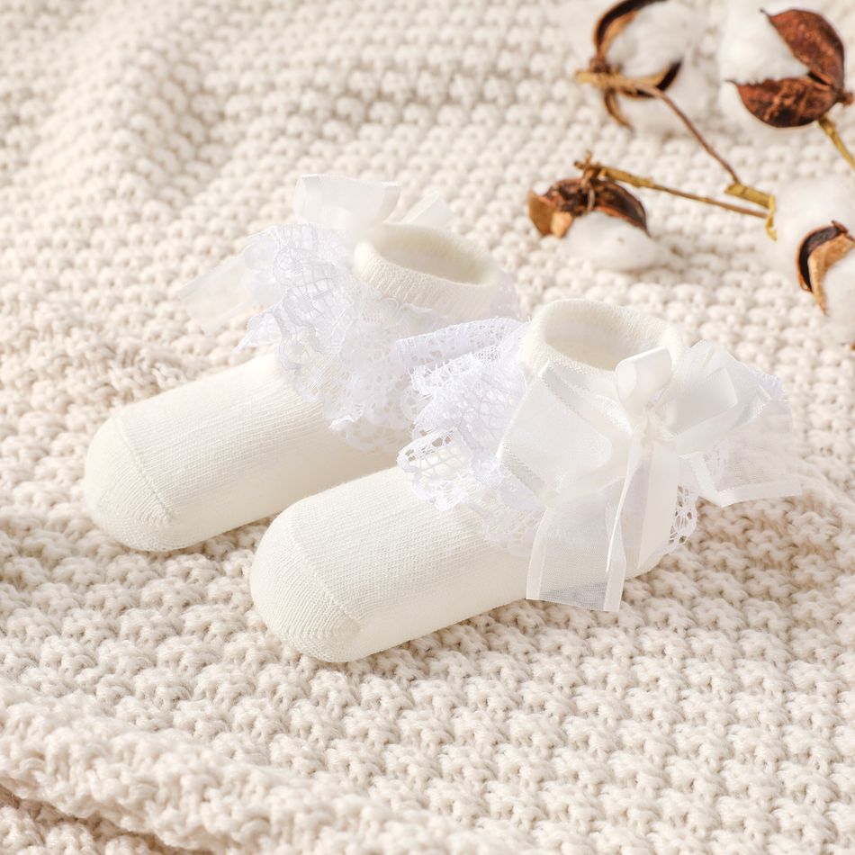 Baby / Toddler Lace Trim Bow Princess Socks (Sock sole print mark size, 0 is size S, 1 is size M, 2 is size L) White