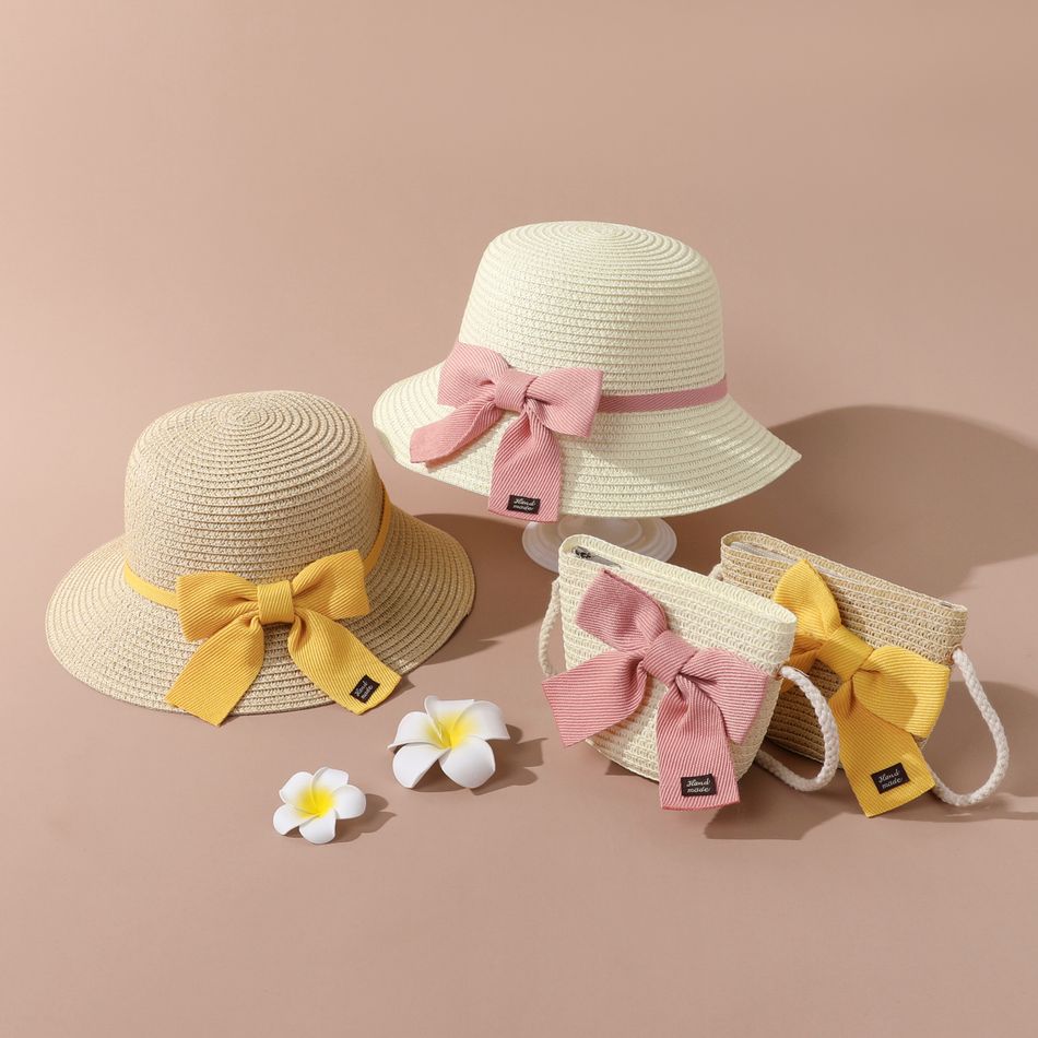 Toddler / Kid Lace-up Bow Straw Bucket Hat and Straw Bag Set for Girls Pink big image 7