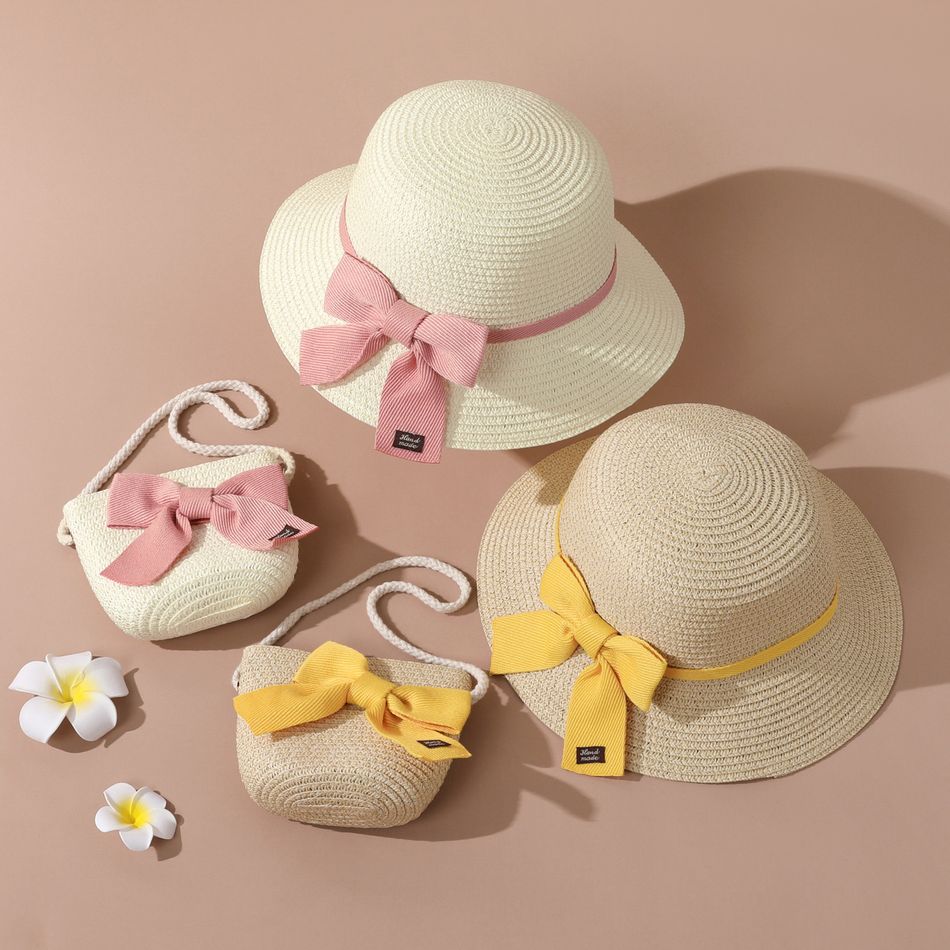 Toddler / Kid Lace-up Bow Straw Bucket Hat and Straw Bag Set for Girls Pink big image 8