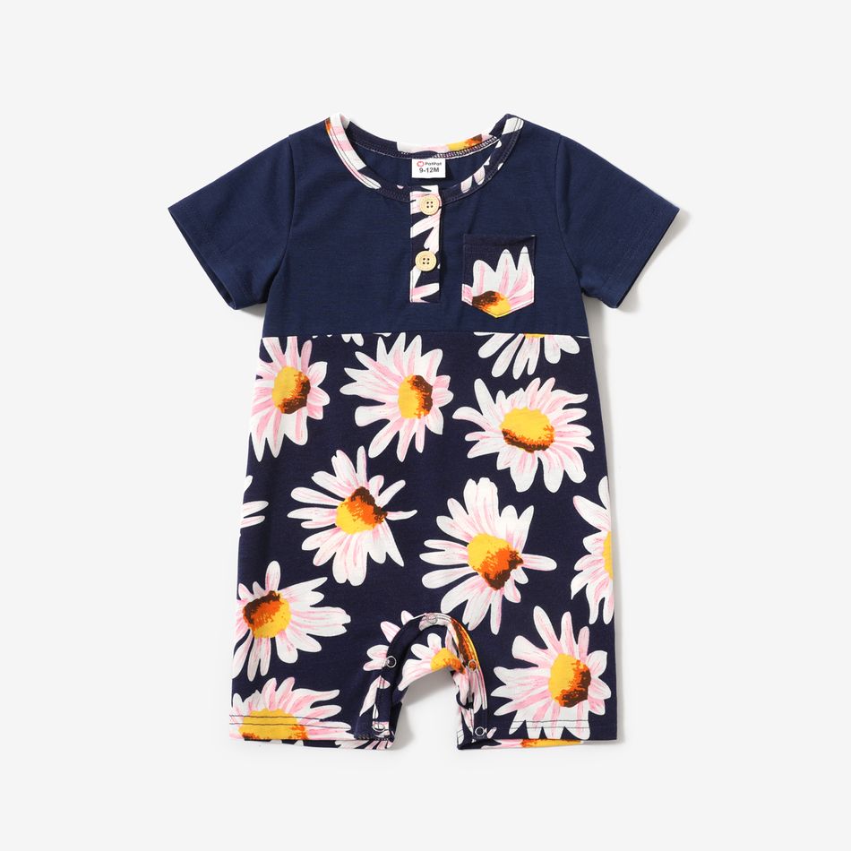 Family Matching Solid Ruffle V Neck Spaghetti Strap Splicing Daisy Floral Print Dresses and Short-sleeve Polo Shirts Sets ColorBlock big image 12