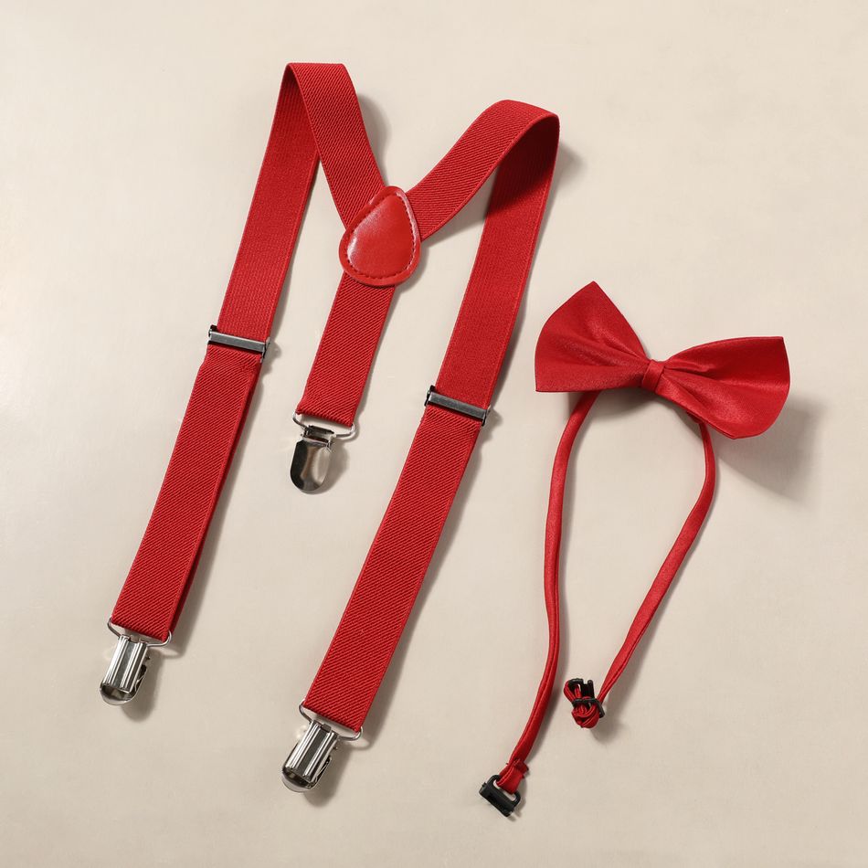 Conjunto de suspensório elástico ajustável de cor pura e gravata borboleta para meninos e meninas Vermelho big image 3