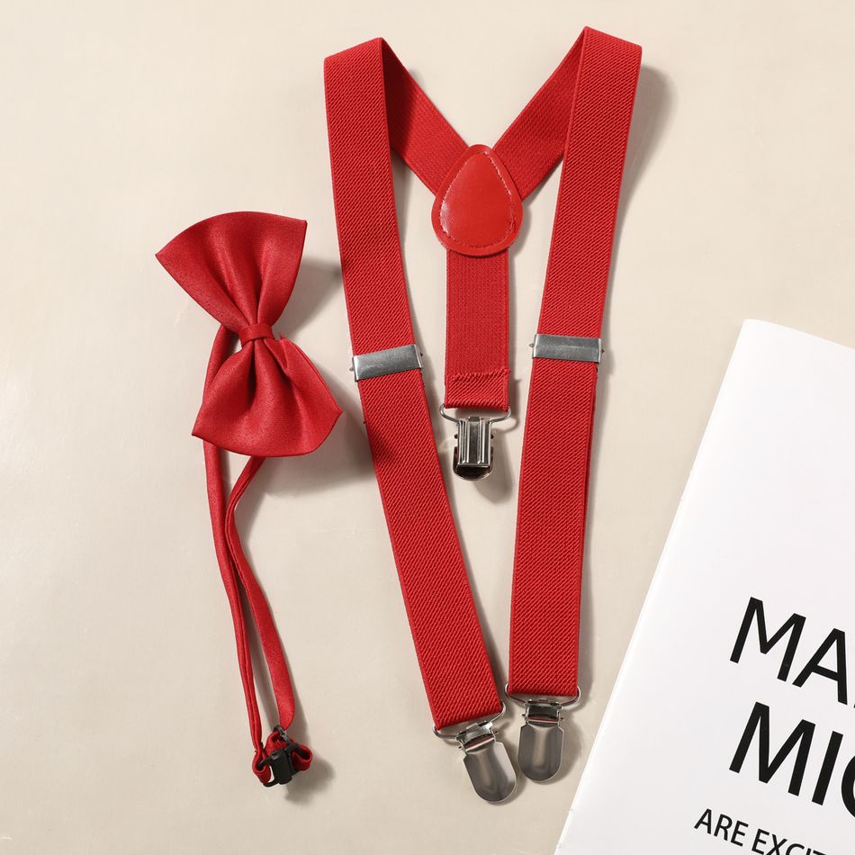 Conjunto de suspensório elástico ajustável de cor pura e gravata borboleta para meninos e meninas Vermelho