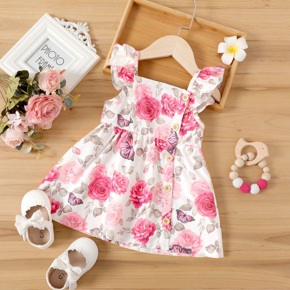 Baby Girl Button Design Pink Plaid/Floral Print Flutter-sleeve Dress Color block