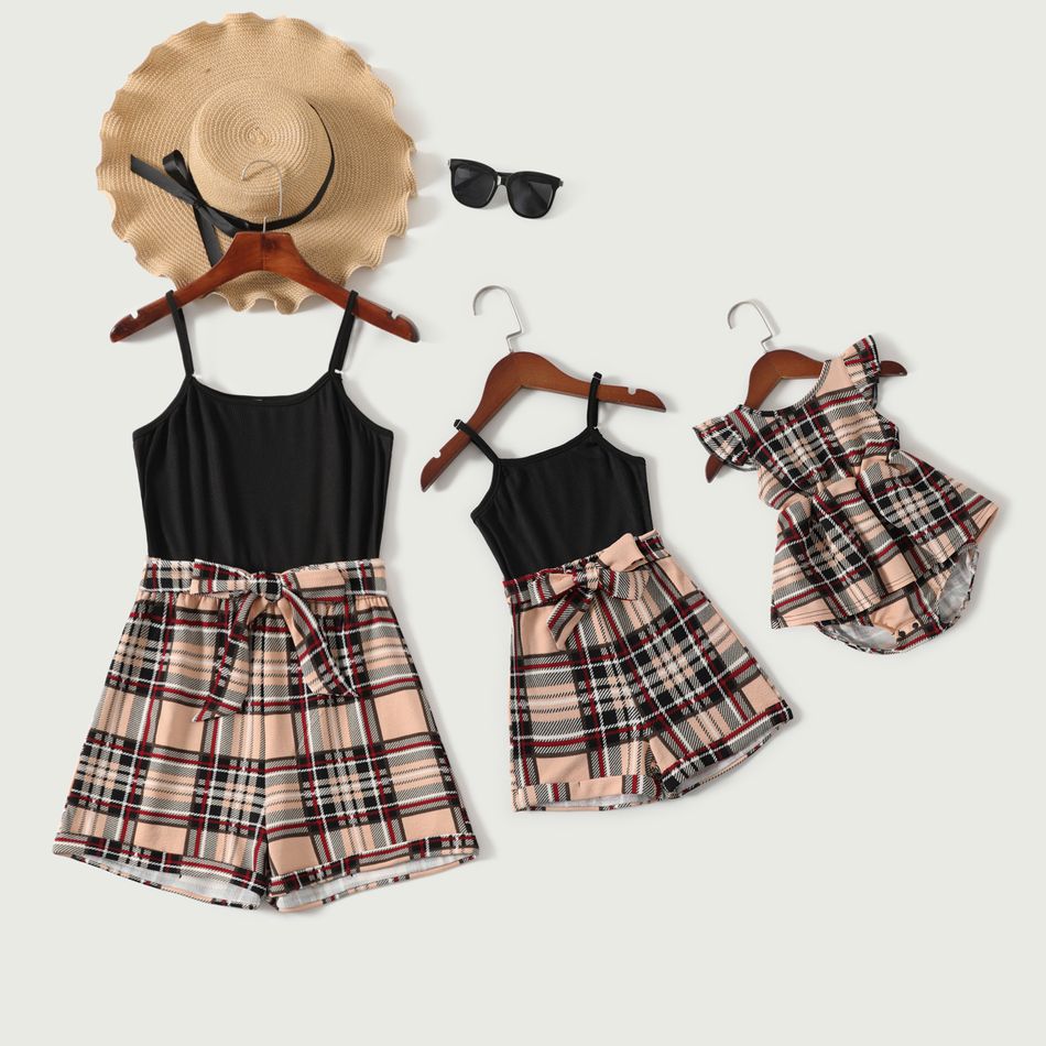 Black Ribbed Splicing Plaid Belted Spaghetti Strap Romper for Mom and Me Apricot