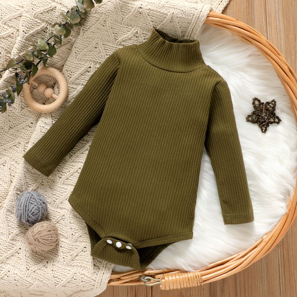 Baby Boy/Girl 95% Cotton Ribbed Turtleneck Long-sleeve Romper Army green big image 1