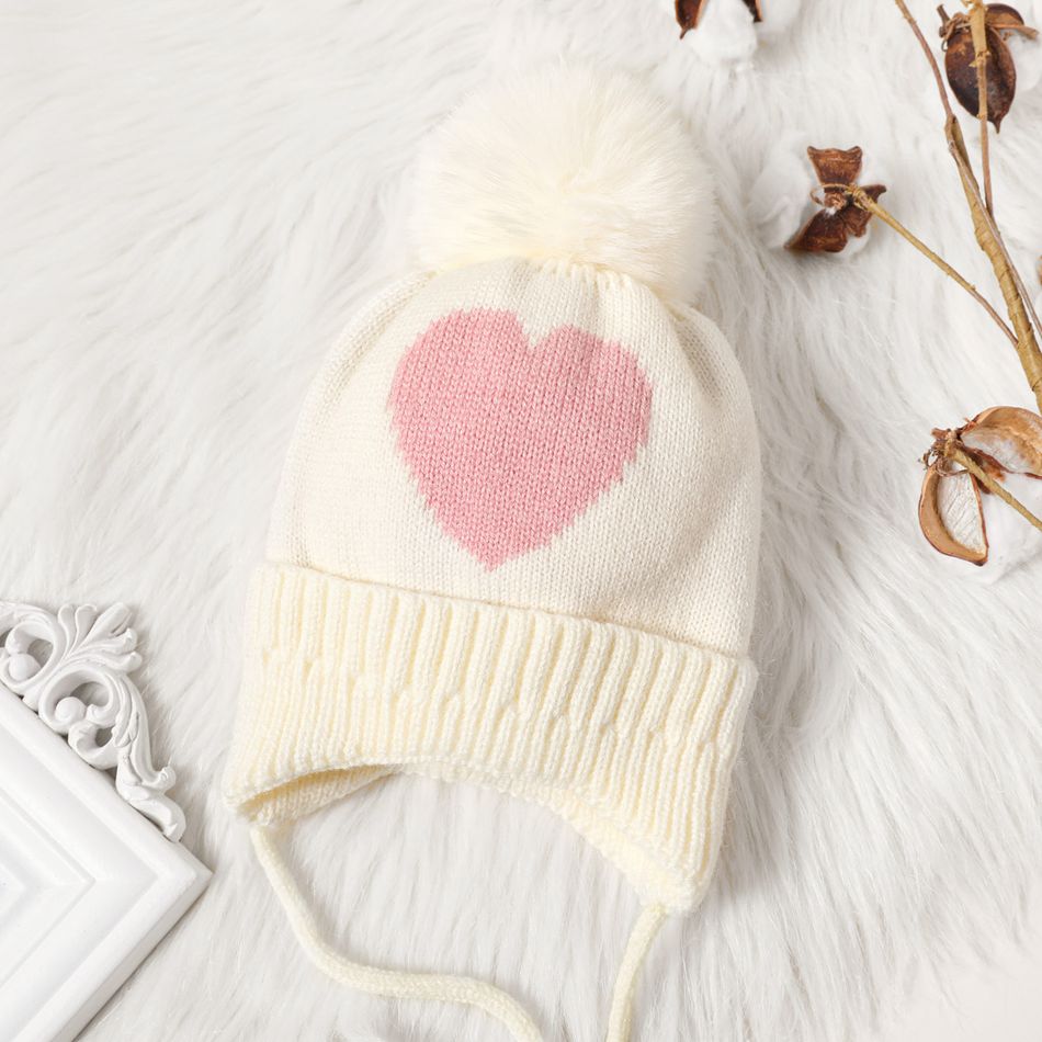 Baby / Toddler Heart Print Warm Lace-up Ear Protection Knit Beanie Hat White big image 2