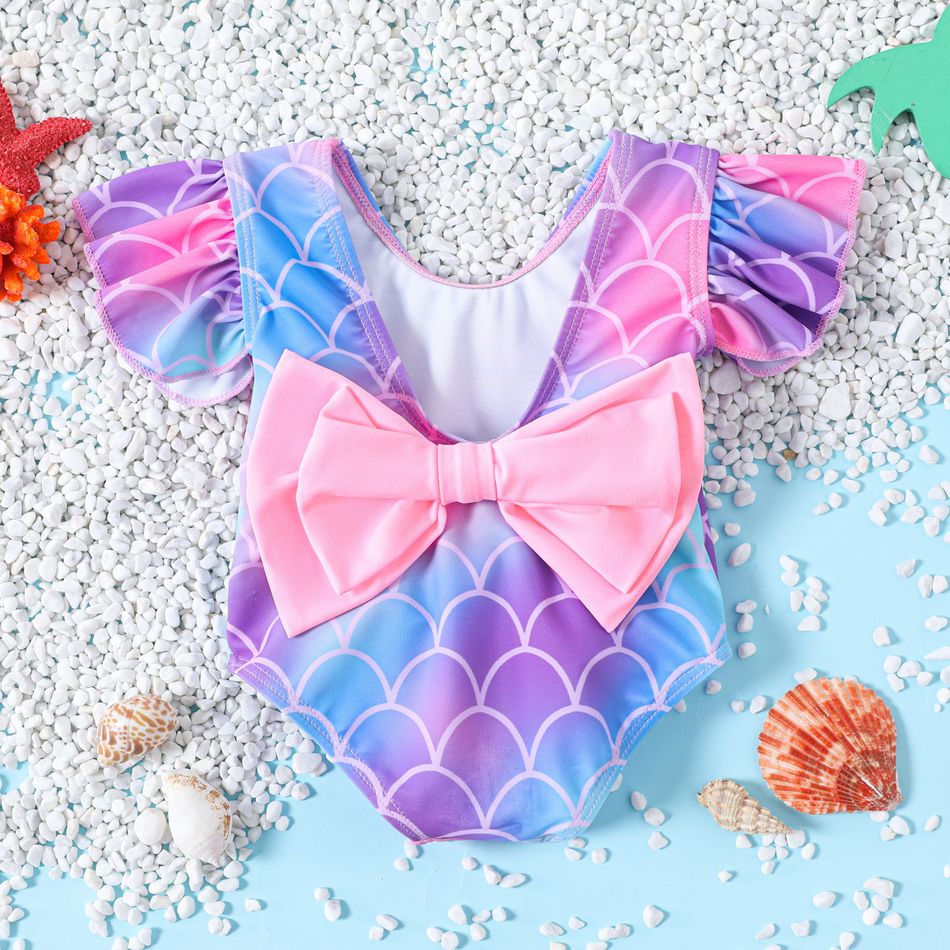 Baby Girl Mermaid Design Deep V Neck Ruffle Sleeve Bowknot One-Piece Swimsuit Light Pink