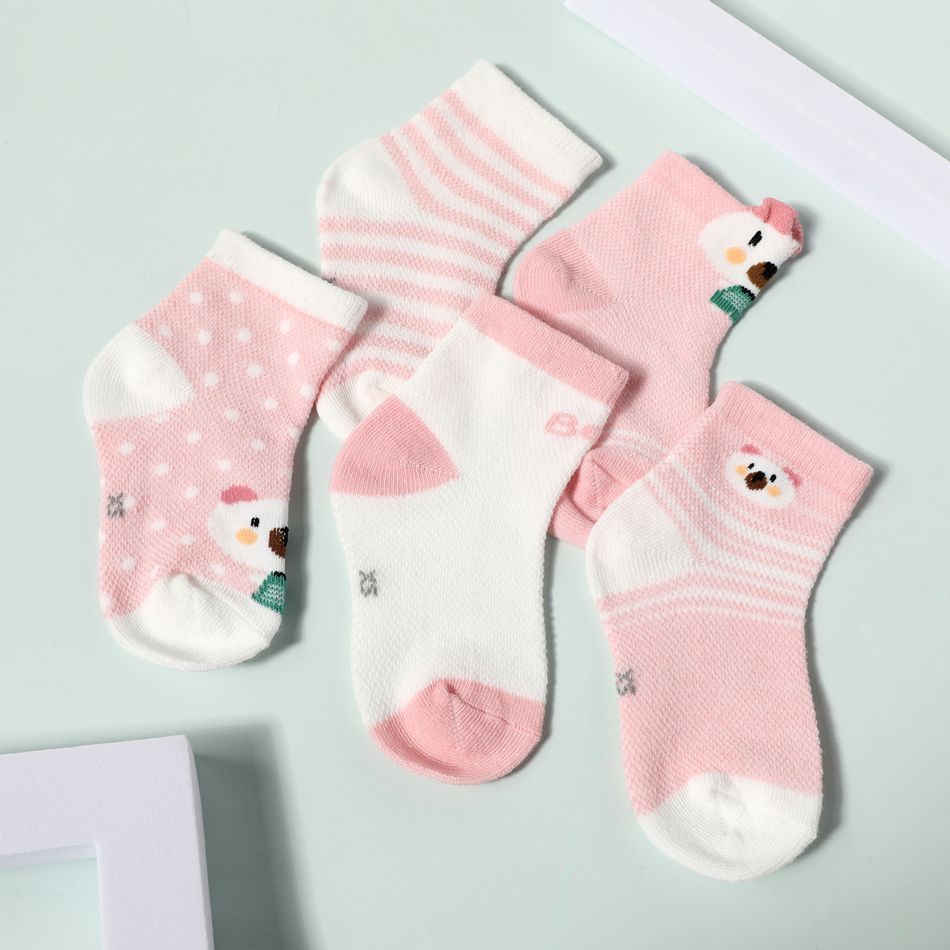 Confezione da 5 paia di calzini con motivo animale a pois a righe per neonati/bambini Rosa