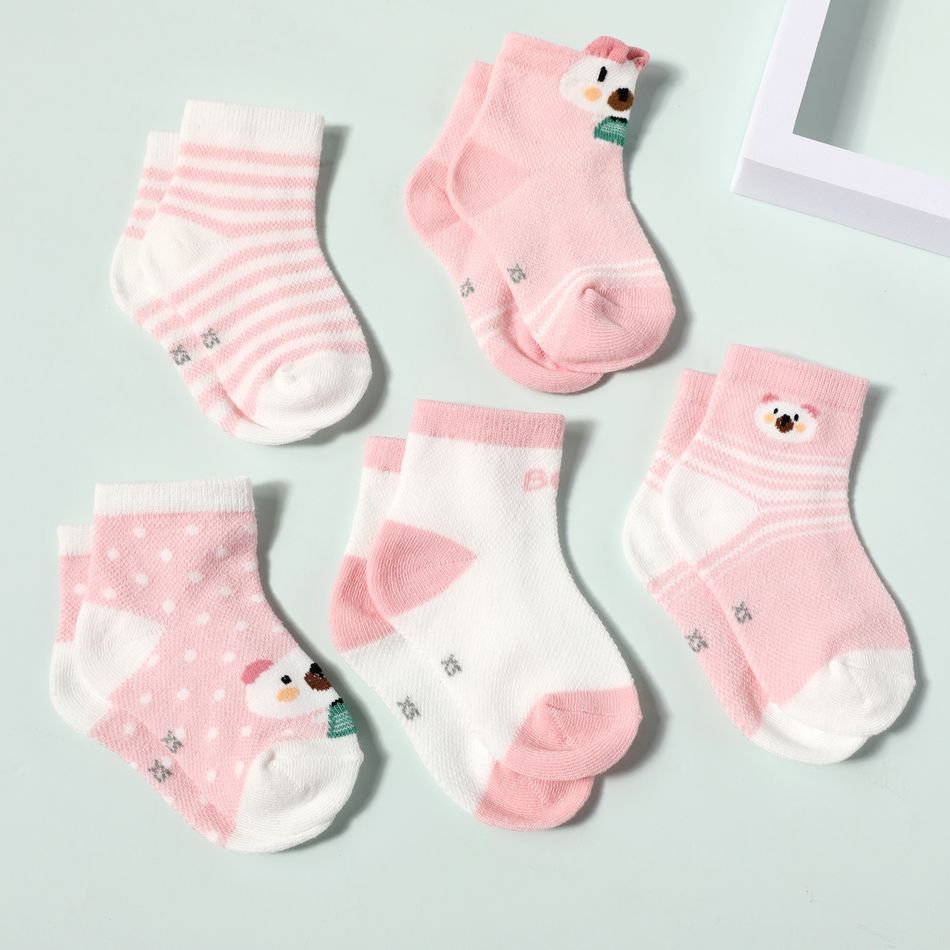 Confezione da 5 paia di calzini con motivo animale a pois a righe per neonati/bambini Rosa big image 2