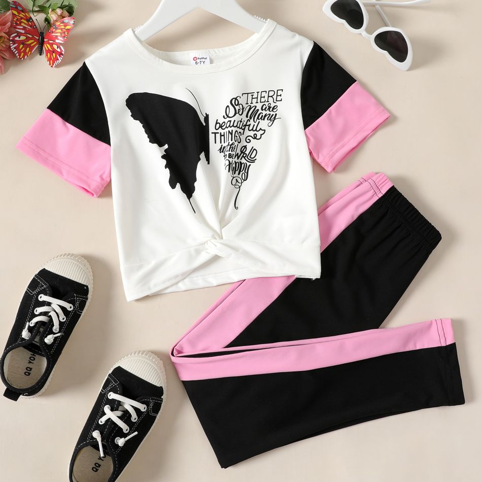 2-piece Kid Girl Butterfly Print Colorblock Twist Front Short-sleeve Tee and Elasticized Pants Set White