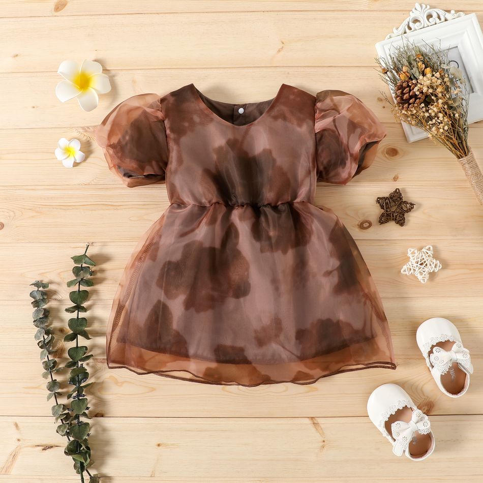 Baby Girl Coffee Tie Dye Short Puff Sleeve Organza Princess Dress Coffee