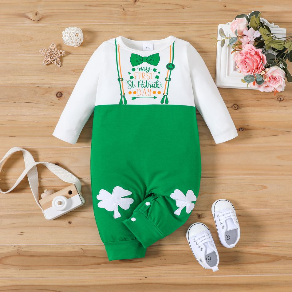 St. Patrick's Day Baby Boy/Girl Four-leaf Clover and Letter Print Faux-two Long-sleeve Jumpsuit Green