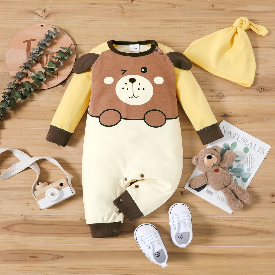 100% Cotton 2pcs Baby Boy/Girl Cartoon Bear Print Long-sleeve Jumpsuit with Hat Set Yellow