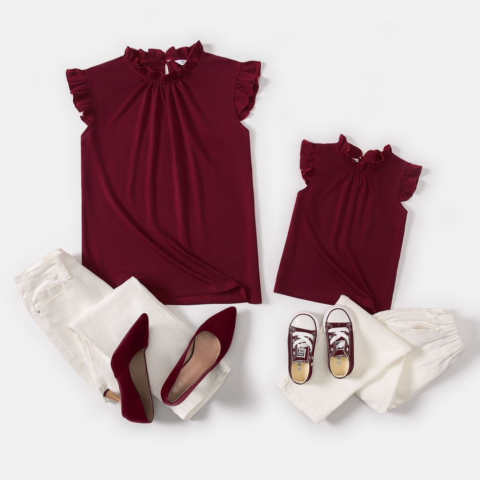 100% Cotton Solid Frill Collar Sleeveless Tops for Mom and Me Burgundy