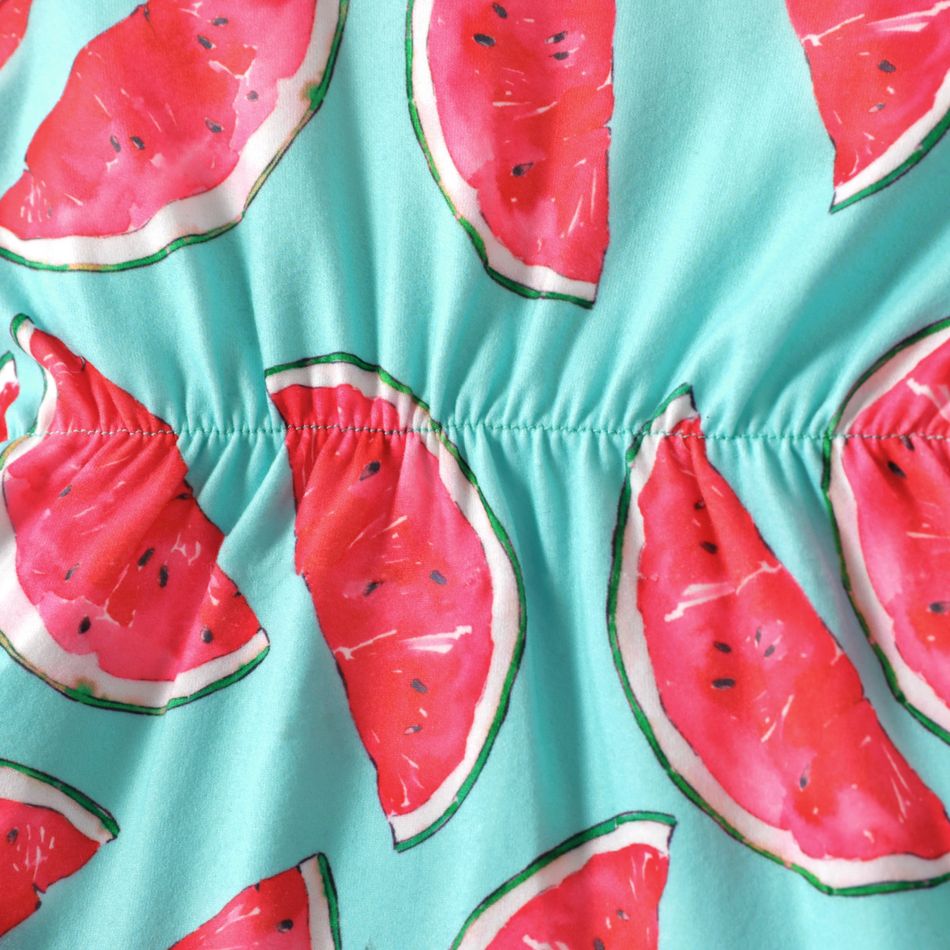 Baby Girl Allover Watermelon Print Pom Poms Design Sleeveless Romper Color block big image 4