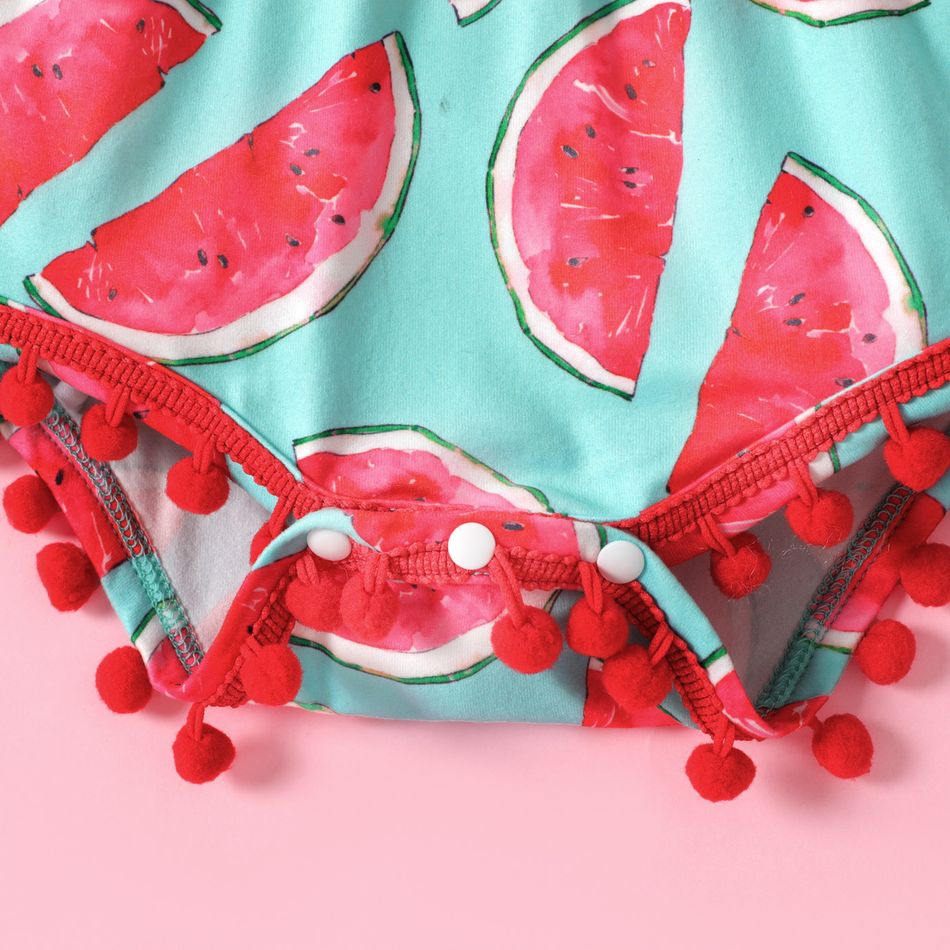 Baby Girl Allover Watermelon Print Pom Poms Design Sleeveless Romper Color block big image 5