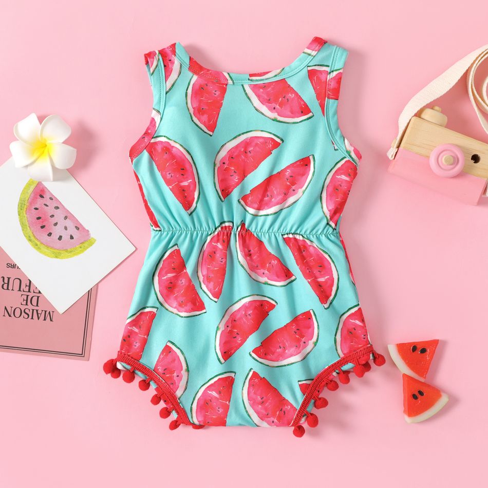 Baby Girl Allover Watermelon Print Pom Poms Design Sleeveless Romper Color block big image 2