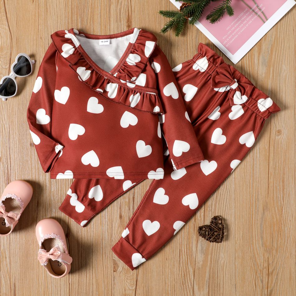 2-piece Toddler Girl Valentine's Day Heart Print Ruffled V Neck Long-sleeve Tee and Bowknot Desogn Paperbag Pants Burgundy Set Burgundy