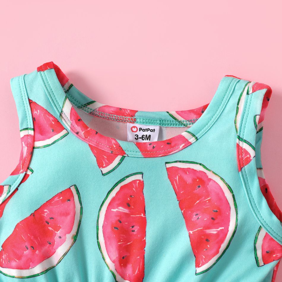 Baby Girl Allover Watermelon Print Pom Poms Design Sleeveless Romper Color block big image 3